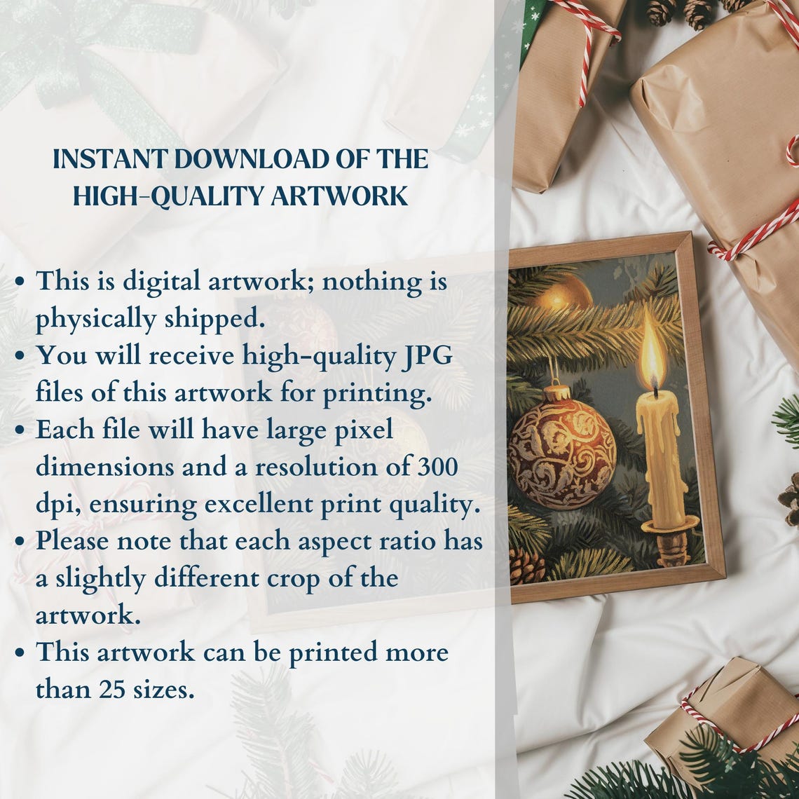 Vintage Gold Christmas Ornaments on Pine Branches Candle Poster - Image 2