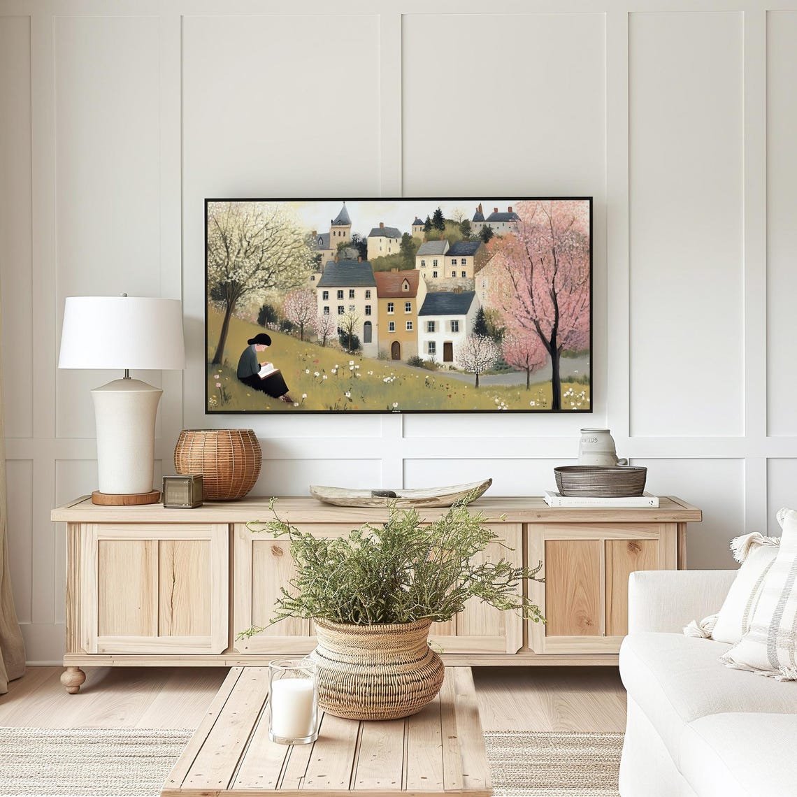 Spring Reading on Hill Village Blossoming Trees Frame TV Art Poster - Image 5