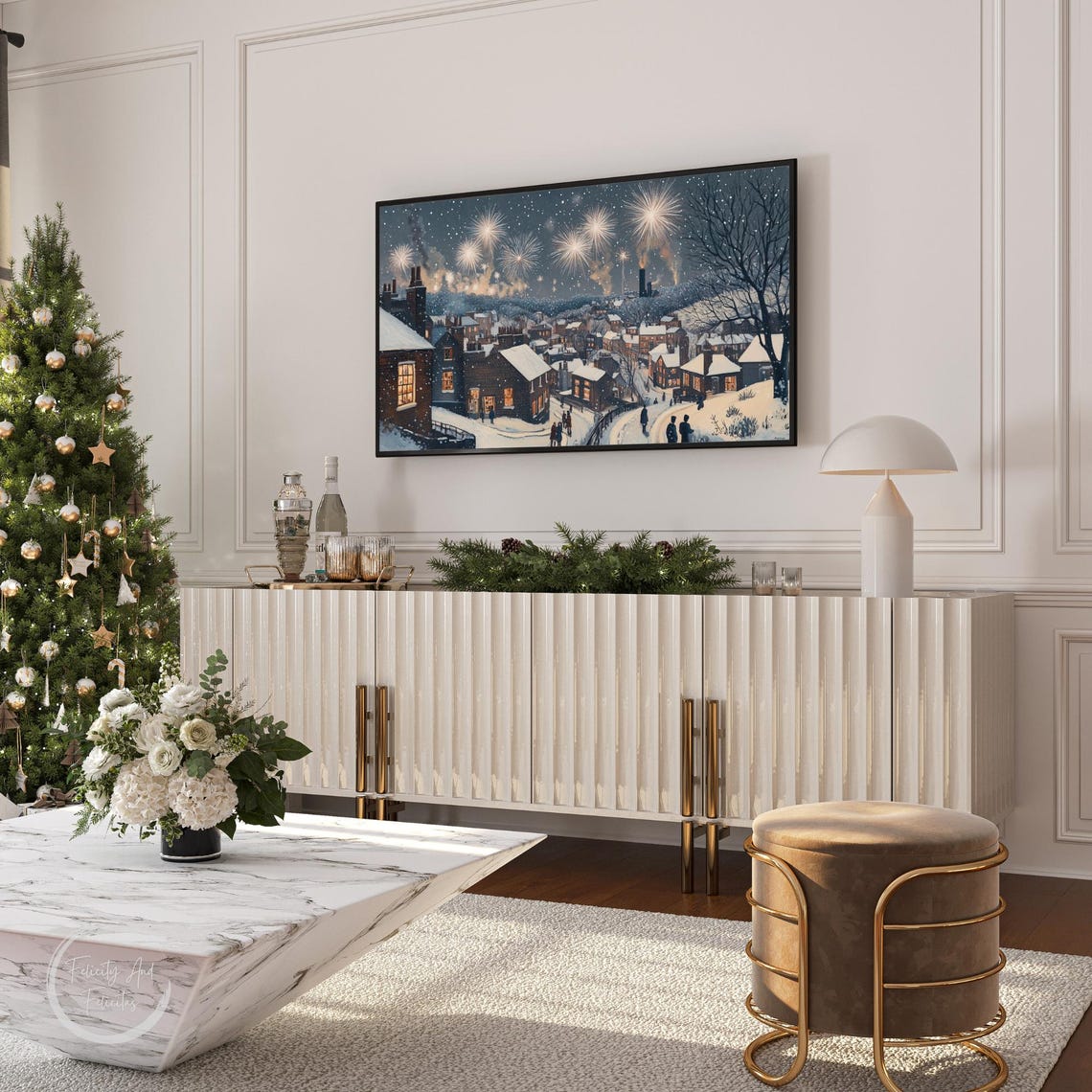 Snowy Village Fireworks Night Winter Holiday Frame TV Art Poster - Image 4