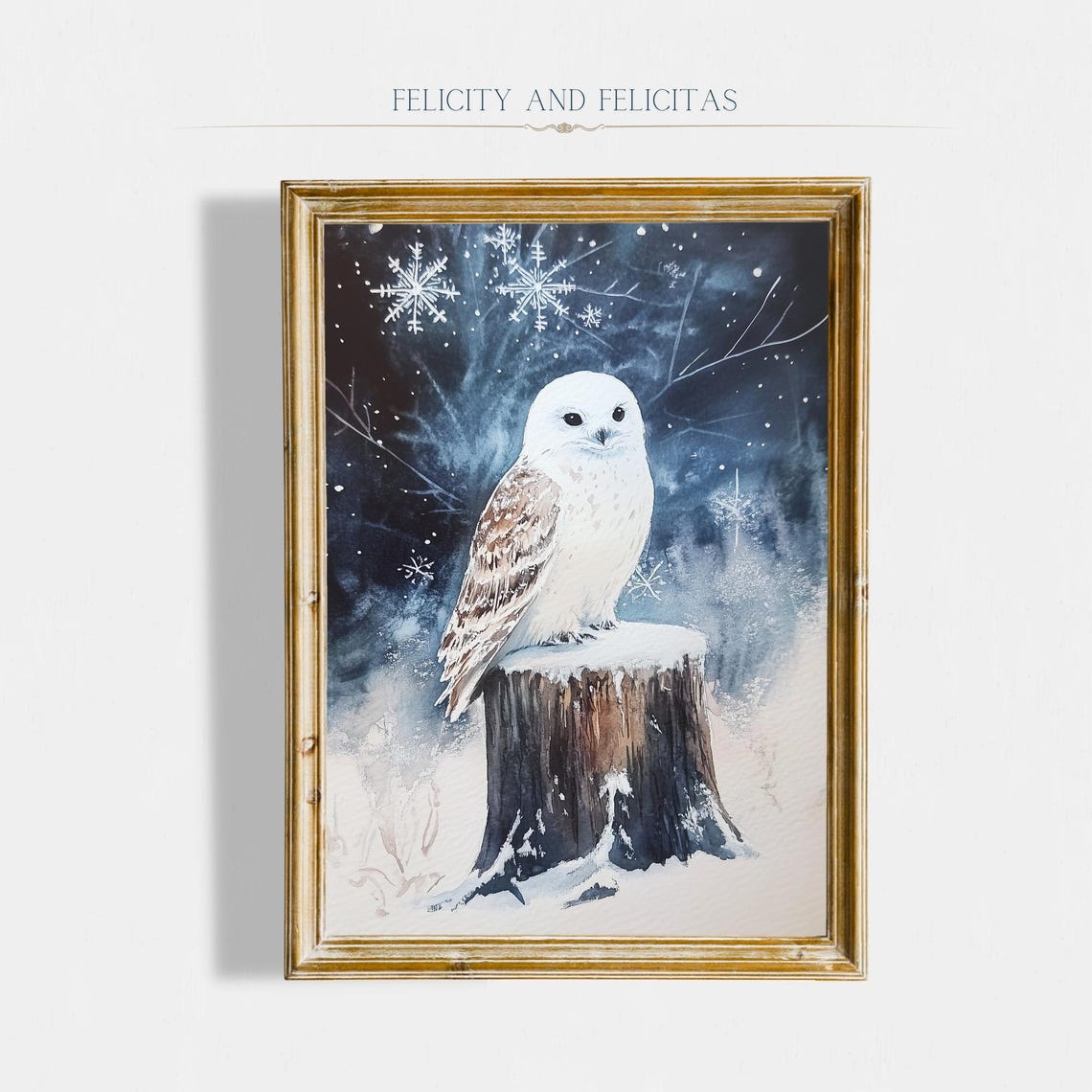 Snowy Owl Winter Night Watercolor Snowflakes Enchanting Wall Art