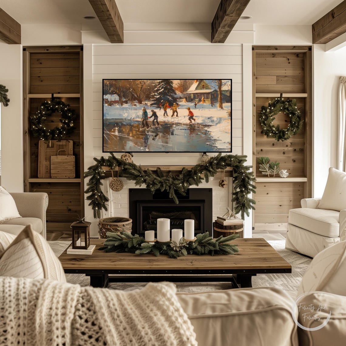 Children Ice Skating Frozen Pond Sunset Farmhouse Winter Poster - Image 3