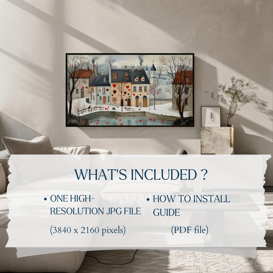 Red Snowy Village Pond with Floating Hearts Frame TV Art Poster - Image 2