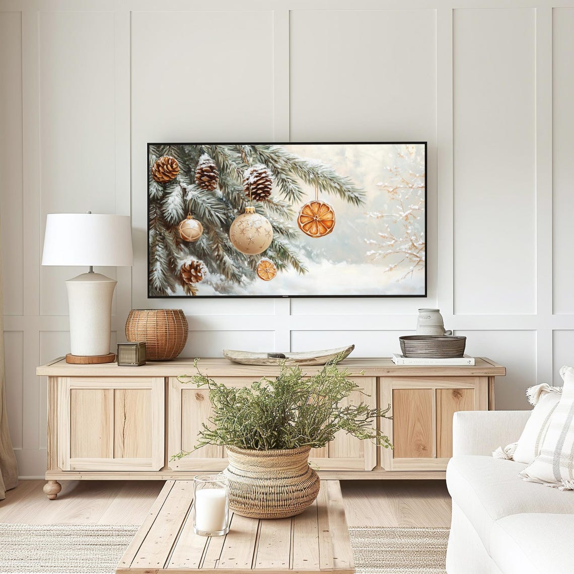Snowy Pine Branch with Ornaments Pinecones and Orange Slices Poster - Image 5