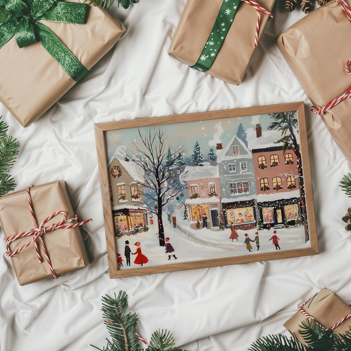 Vintage Christmas Village Square Holiday Shops Snow Scene Poster - Image 6