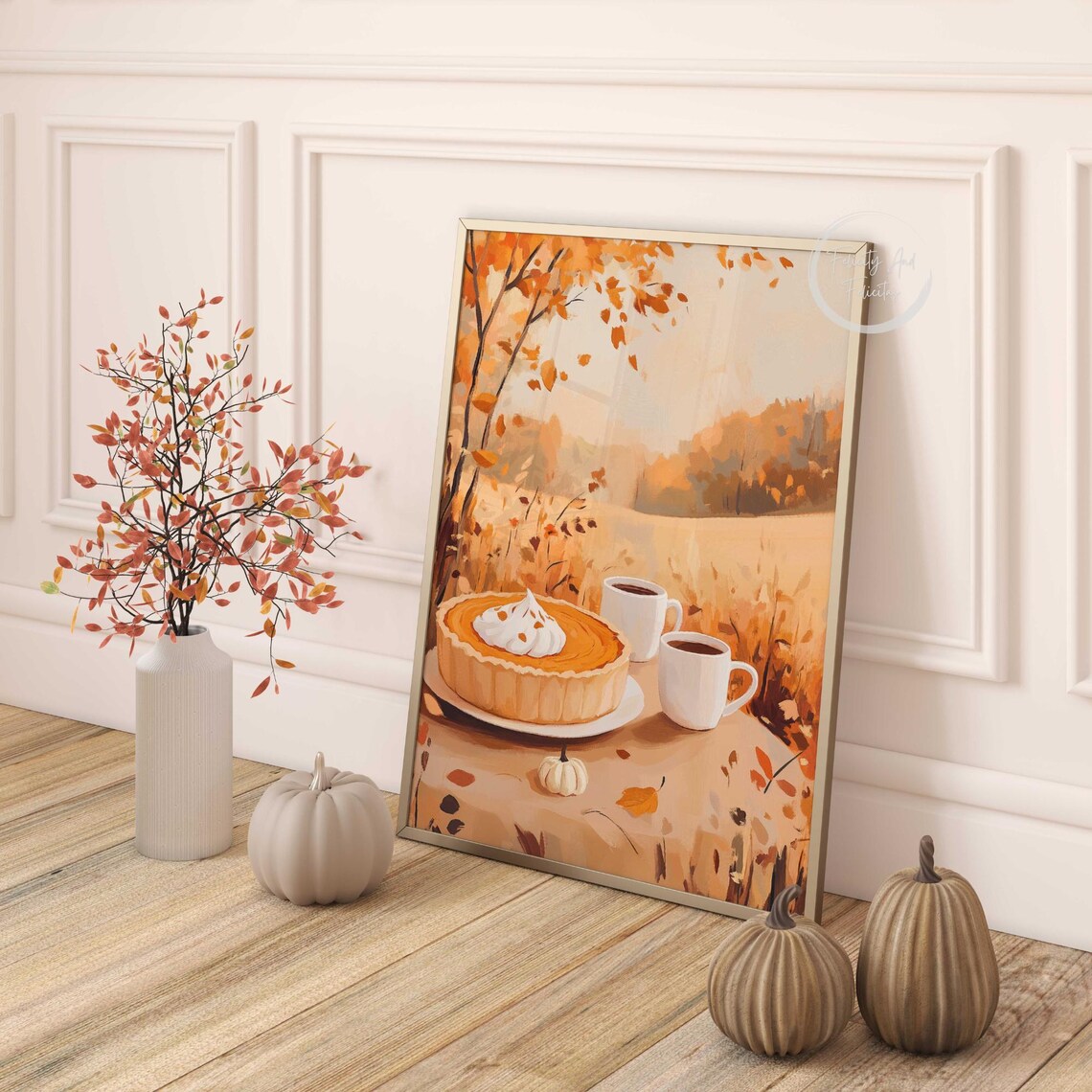 Pumpkin Pie and Coffee Cups in Golden Autumn Field Painting Poster - Image 4