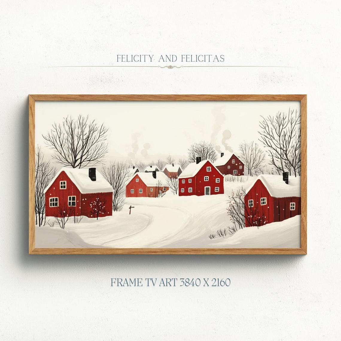 Minimal Winter Village Red Barns Snow Folk Art Serene Wall Art