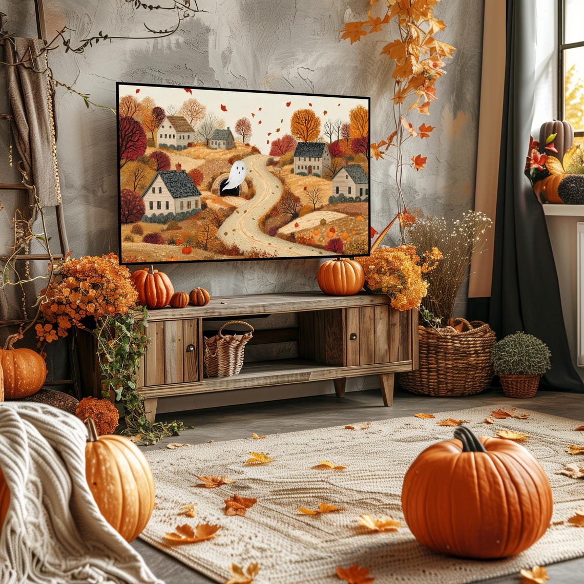 Autumn Country Road Ghost Pumpkins Fall Foliage Halloween TV Poster - Image 4