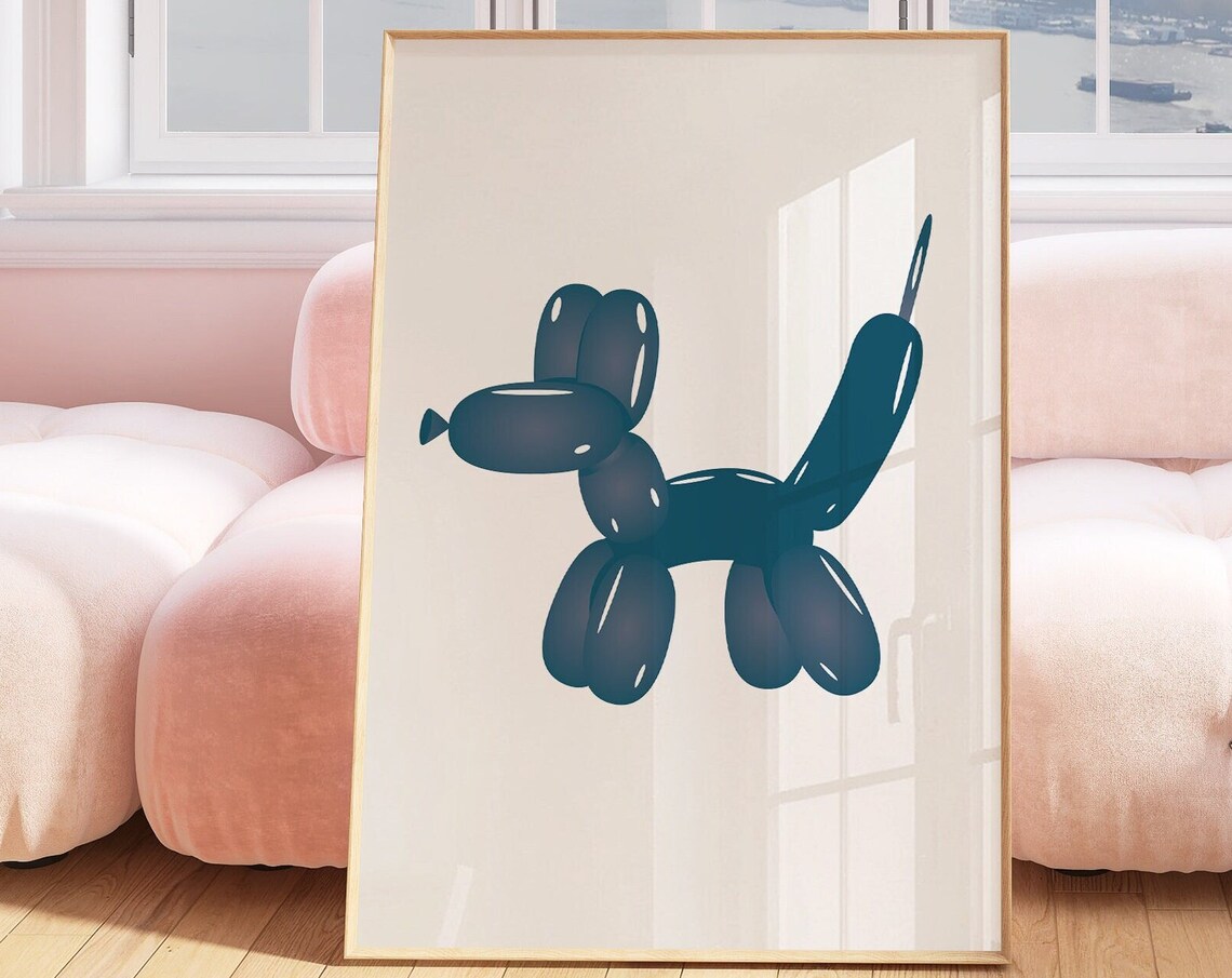 Navy Blue Balloon Dog Pop Art on Cream Minimalist Art Poster