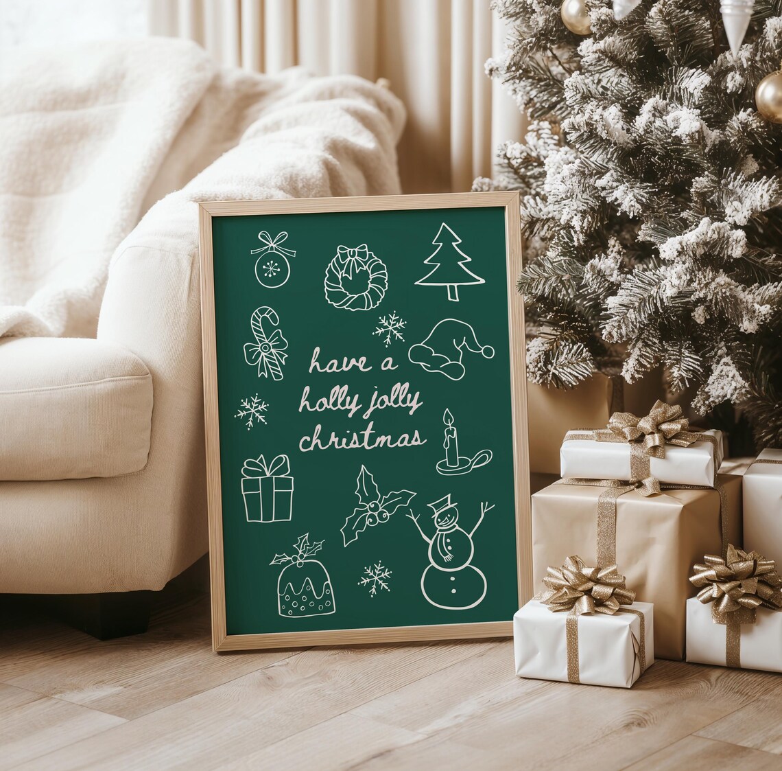 Holly Jolly Print Santa Decor Christmas Art Vintage Holiday Decor Merry Christmas Print Retro Festive Poster Christmas Quote Art Snowman