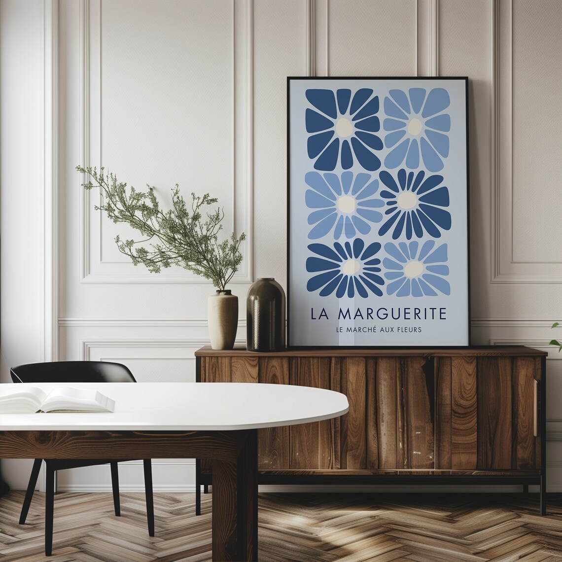 La Marguerite Navy Blue Daisies Vintage French Flower Market Poster