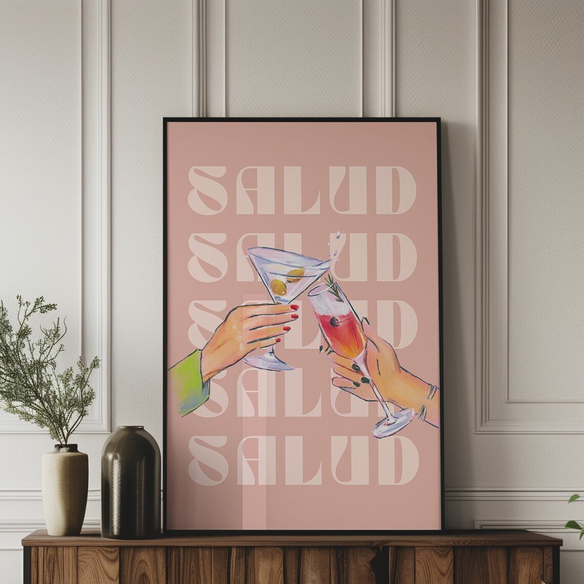 Salud Cocktail Cheers Pink Retro Kitchen Bar Cart Artwork Poster - Image 3