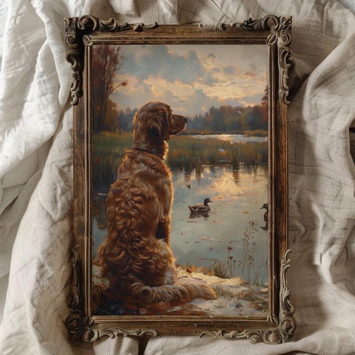 Curly Coated Hunting Dog Watching Ducks at a Sunset Pond Poster