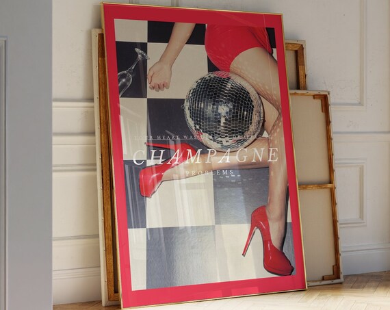 Champagne Problems Red Heels Disco Ball Checkered Photo Poster