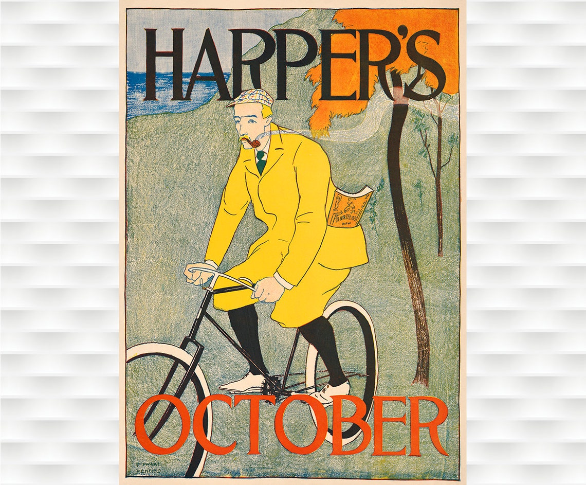 Harpers October Magazine Cover Cyclist Autumn Ride Vintage Poster