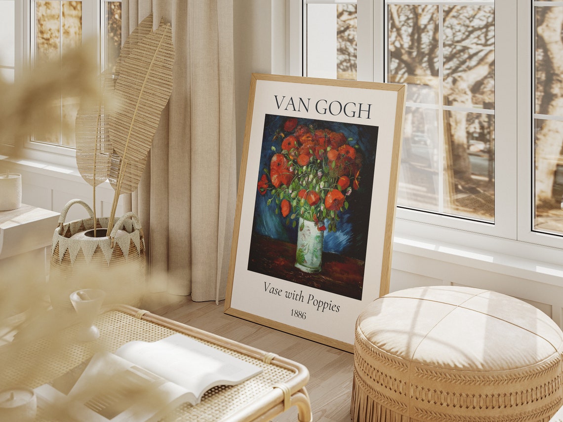 Van Gogh Vase with Poppies 1886 Red Flowers Blue Background Poster - Image 3