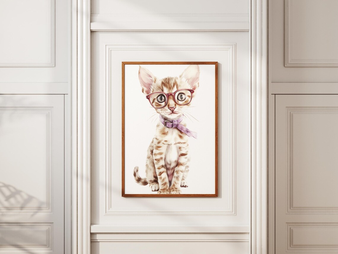 Watercolor Kitten Wearing Glasses Purple Bow Cute Cat Portrait Poster - Image 2