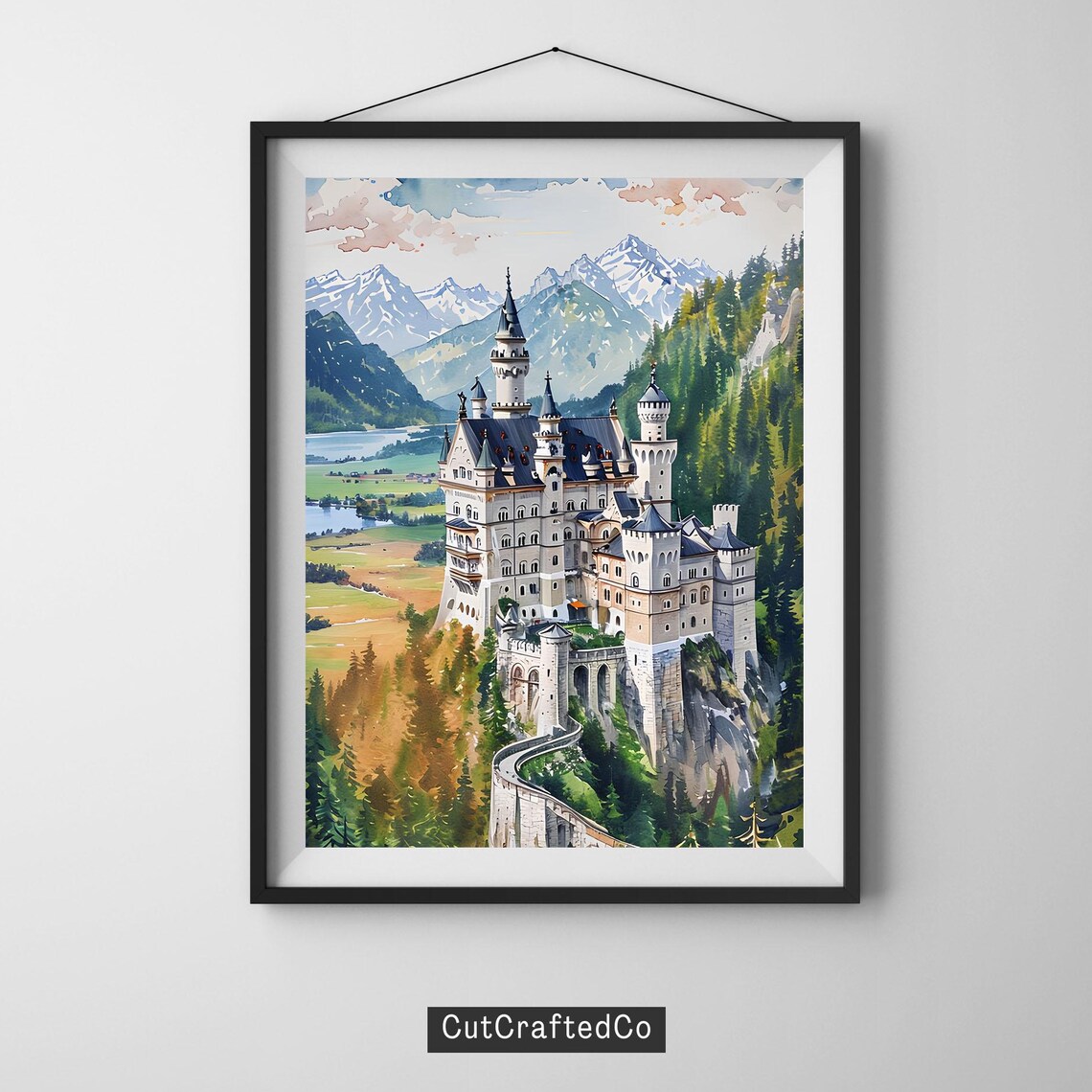 Neuschwanstein Castle Watercolor Bavarian Alps Fairytale Poster