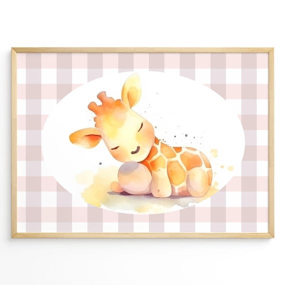 Sleeping Baby Giraffe Wall Art Watercolor Safari Animal Nursery Gender Neutral Kids Room Decor