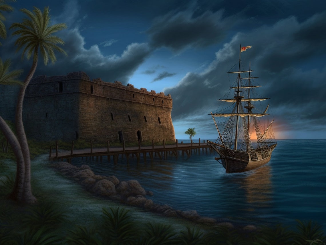 Historic Coastal Stone Fort at Night with a Tall Ship Wall Poster - Image 2