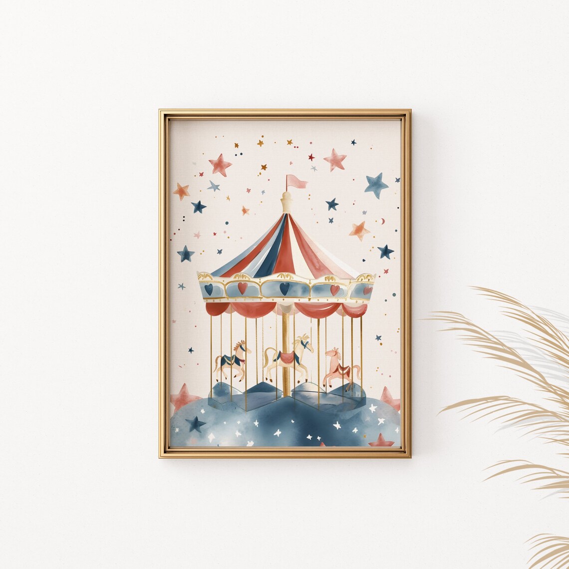 Watercolor Carousel Horses Starry Sky Whimsical Nursery Poster - Image 2