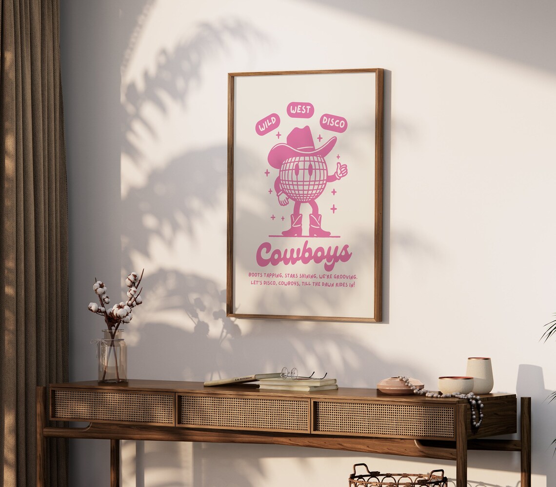 Wild West Disco Cowboys Pink Retro Disco Ball Cowboy Decor Poster - Image 2