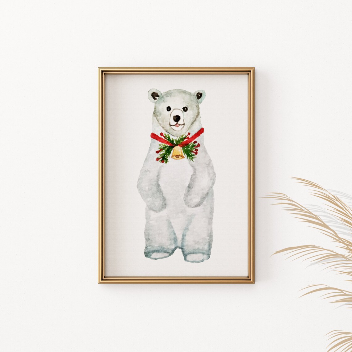 Cute Polar Bear Christmas Poster Watercolor Bell And Holly Wall Decor