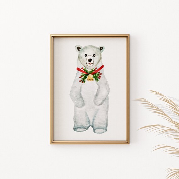 Christmas Polar Bear Wall Art Cute Winter Animal Illustration Festive Holiday Decor Unframed Poster Kids Room Nursery Print