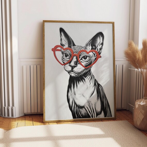 Sphynx Cat Wearing Red Heart Glasses Cute Sketch Cat Art Poster