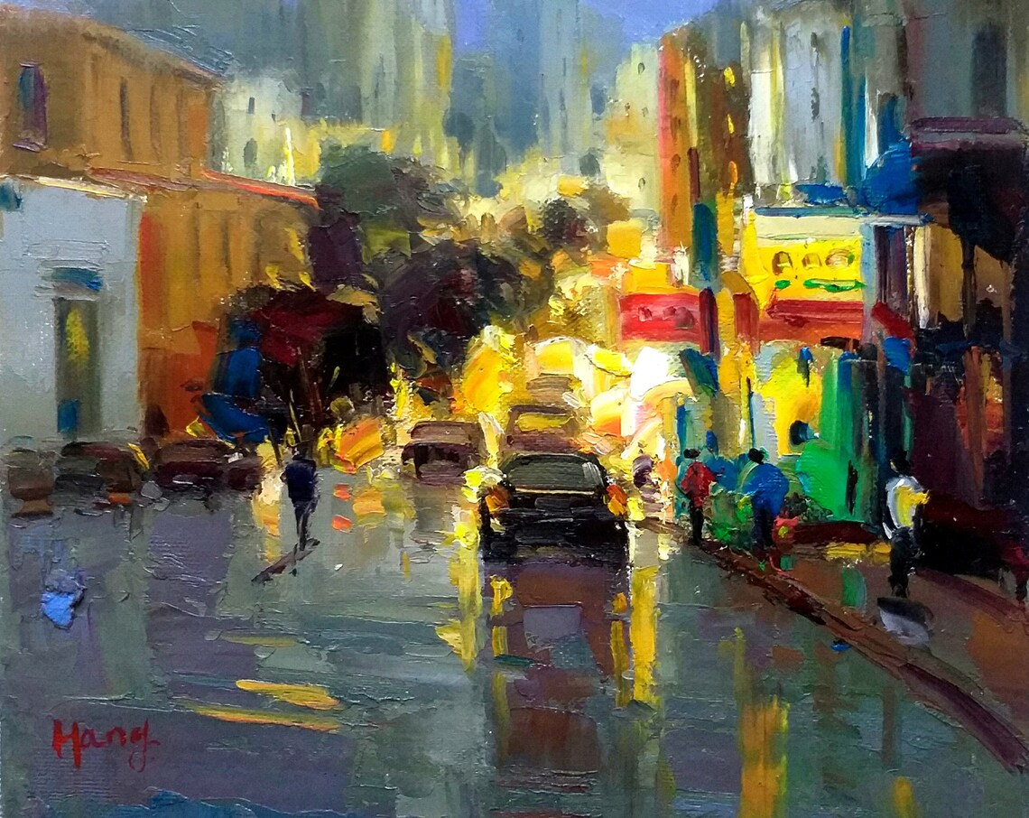 Neon Night Rainy City Street Wet Reflection Urban Scene Poster