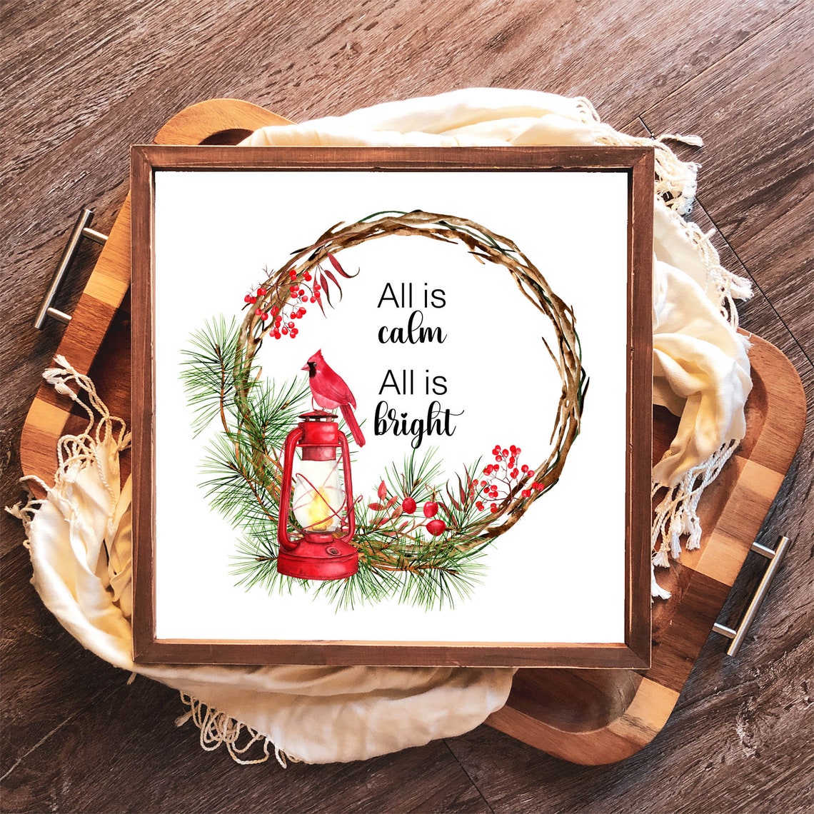 All Is Calm All Is Bright Cardinal Lantern Square Christmas Wall Art - Image 3