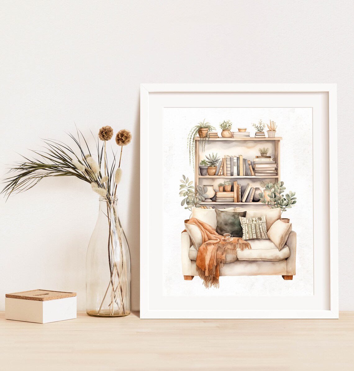 Cozy Book Nook Watercolor Bookshelf Reading Corner Loveseat Poster - Image 3