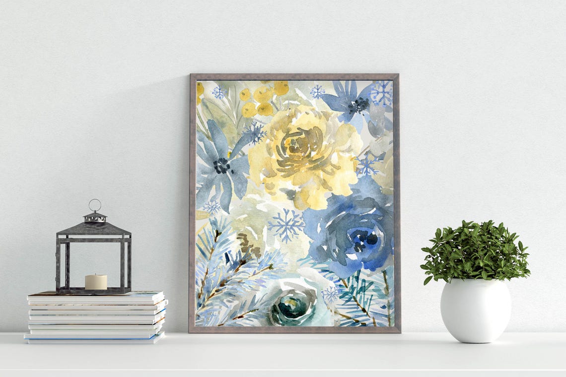 Frosty Blue Gold Winter Floral Collage Watercolor Snowflake Poster - Image 6