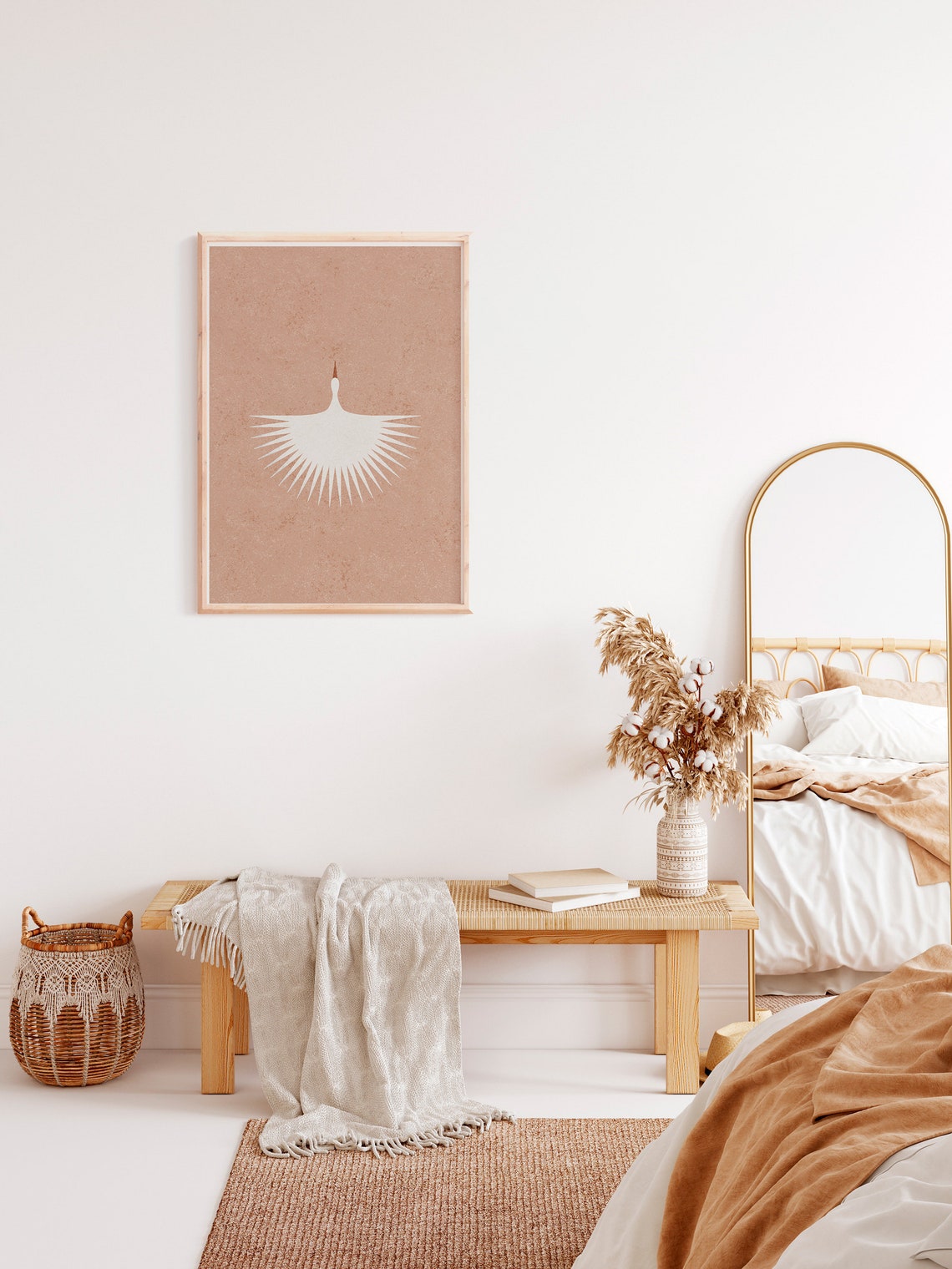 White Heron Flying Abstract Bird Terracotta Bohemian Art Print Decor - Image 2