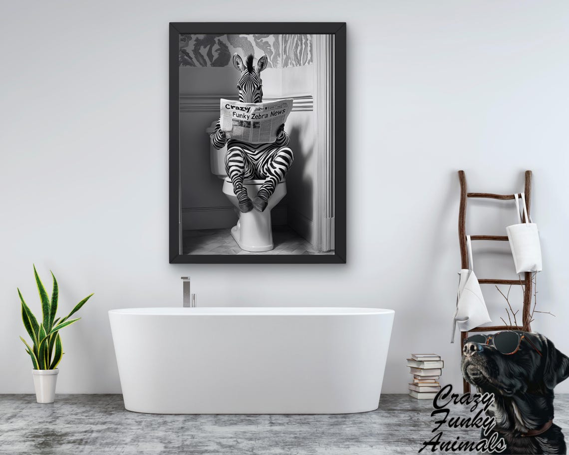 Zebra Reading a Newspaper on the Toilet Funny Bathroom Poster - Image 3