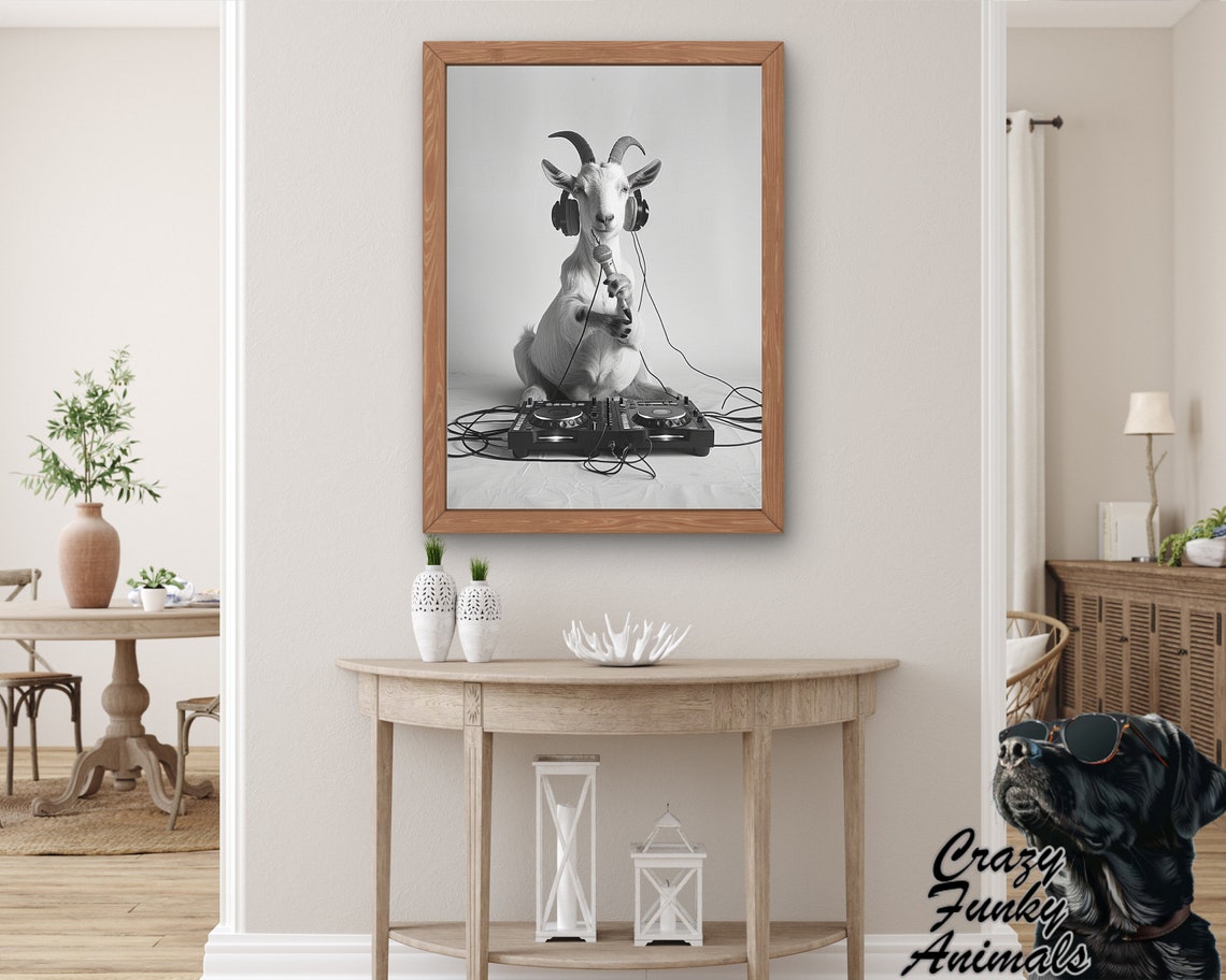 Goat DJ With Headphones and Microphone at the Turntables Poster - Image 2