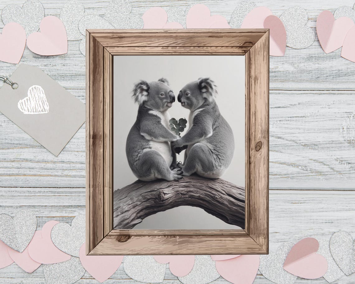 Two Loving Koalas Sitting on a Branch Romantic Black and White Poster