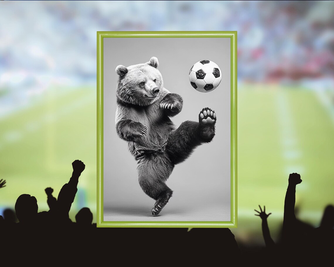 Bear Playing Soccer, Humorous Animal Art Print