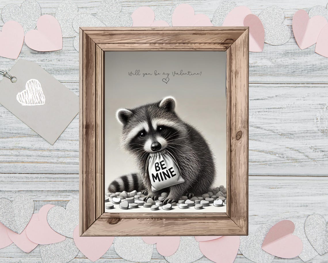 Raccoon with Be Mine Bag and Candy Hearts Valentine Funny Poster