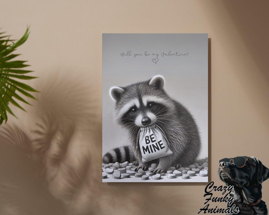 Raccoon with Be Mine Bag and Candy Hearts Valentine Funny Poster - Image 2