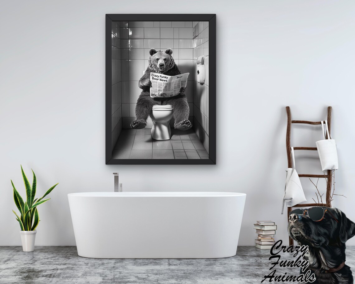 Grizzly Bear Reading a Newspaper on the Toilet Funny Bathroom Poster - Image 3