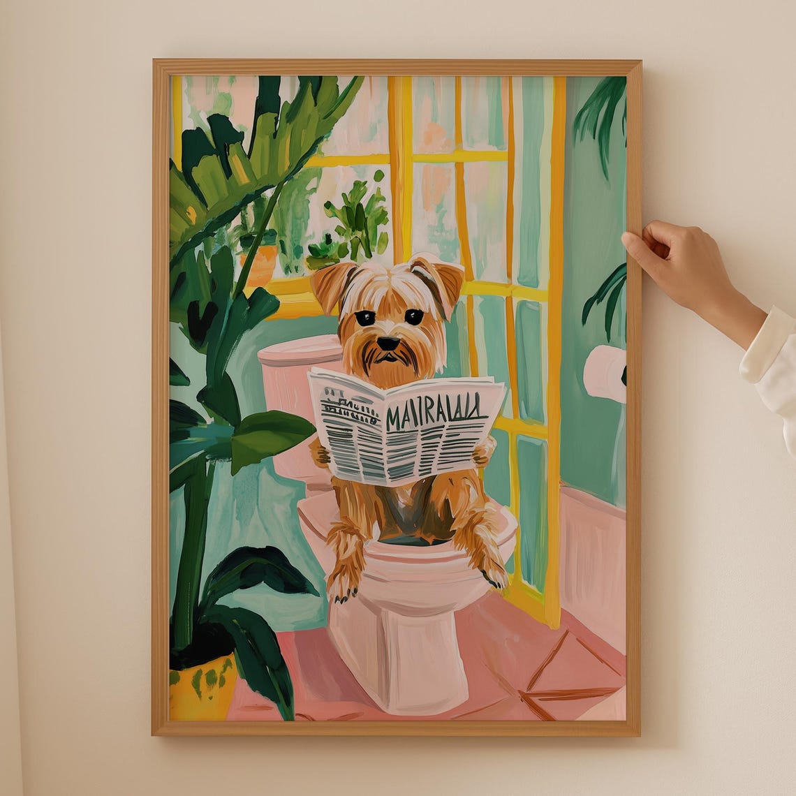 Funny Yorkshire Terrier Reading Newspaper Toilet Colorful Poster