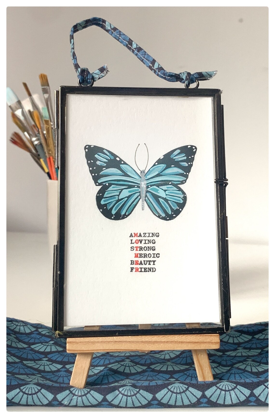 Blue Butterfly Words of Encouragement Amazing Loving Strong Art Print