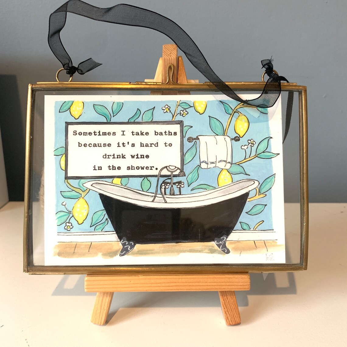 Funny Wine Bath Quote Black Clawfoot Tub Lemon Bathroom Wall Art