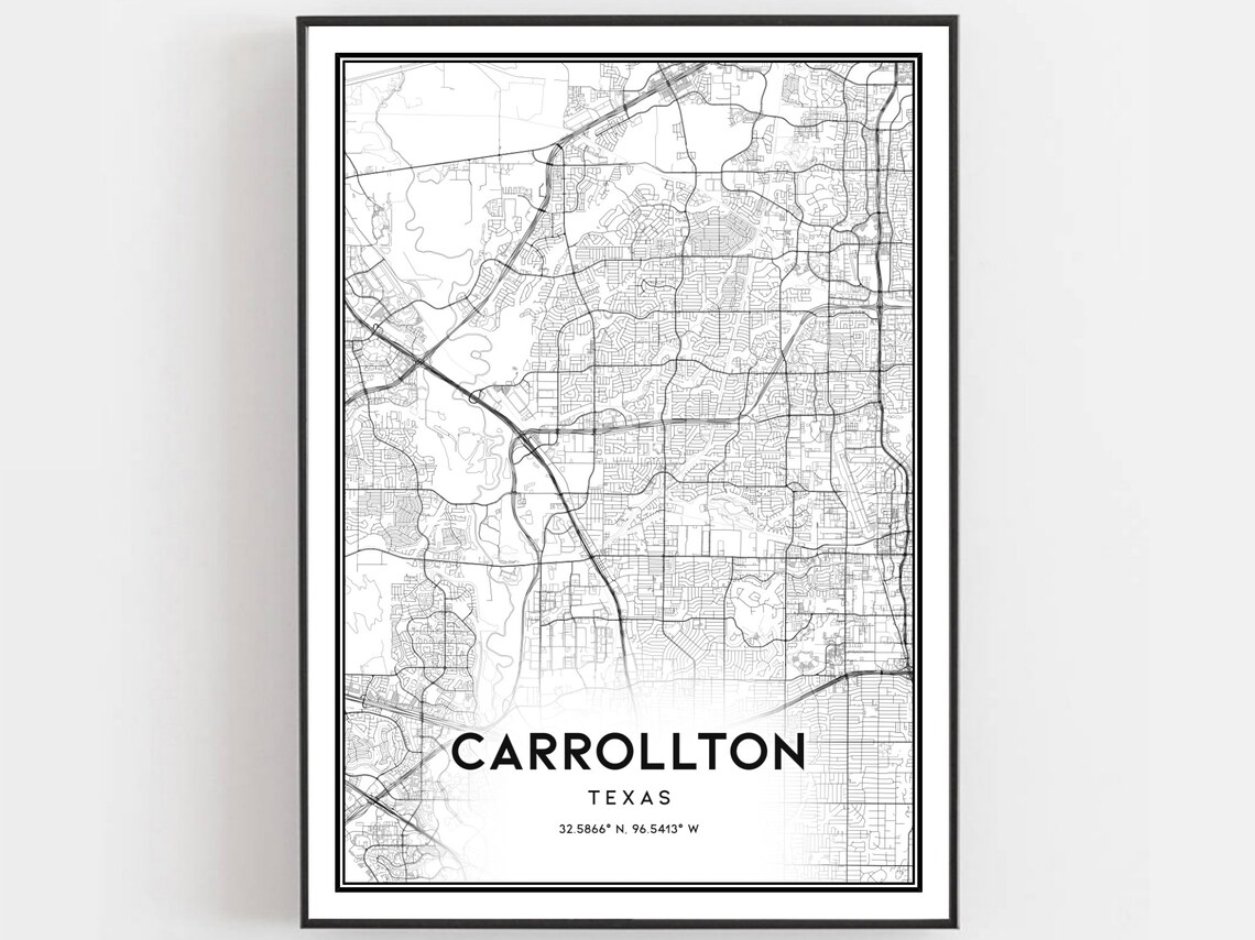 Carrollton Texas Street Map Black And White Minimalist Poster