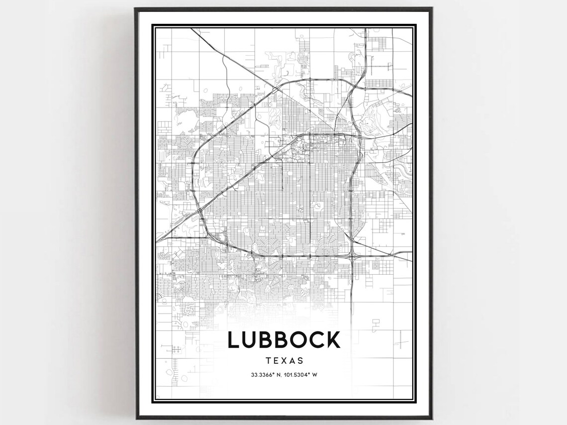 Lubbock Texas Minimalist Black White City Street Grid Map Poster