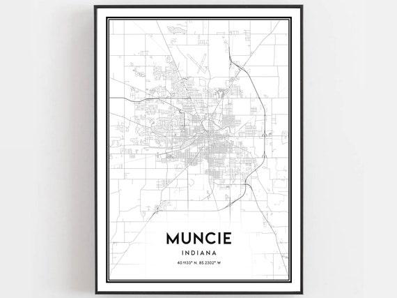 Muncie Map Print Poster Wall Art In City Indiana Street Decor Road Gift B938