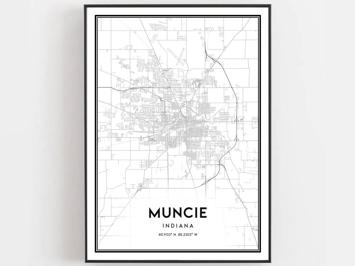 Muncie Indiana Minimalist City Map Poster Black White Street Decor