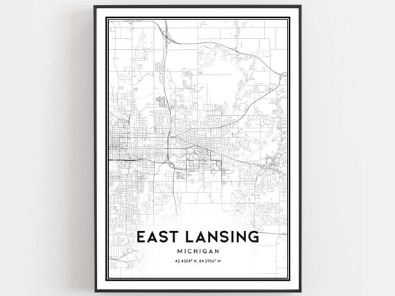 East Lansing Map Print Poster Wall Art Mi City Michigan Street Decor Road Gift B1416