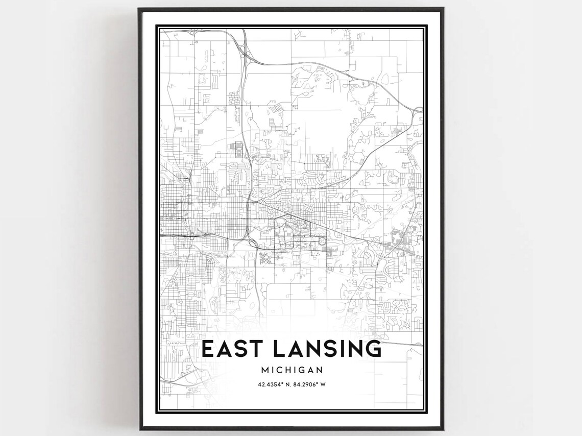 East Lansing Michigan Minimalist Black and White Street Map Poster