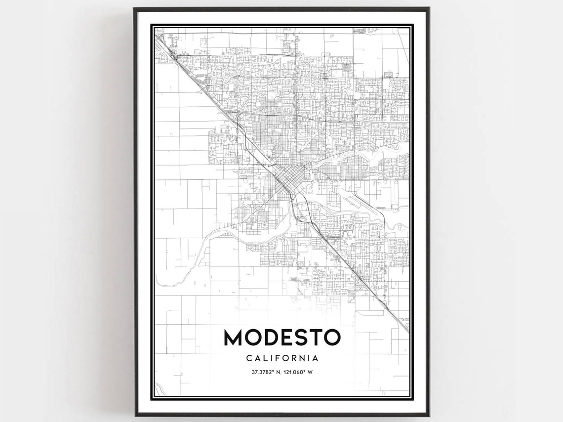 Modesto California Street Map Art Coordinates Modern Home Poster